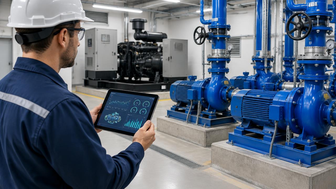 Engenheiro acompanhando dados técnicos em sala de bombas