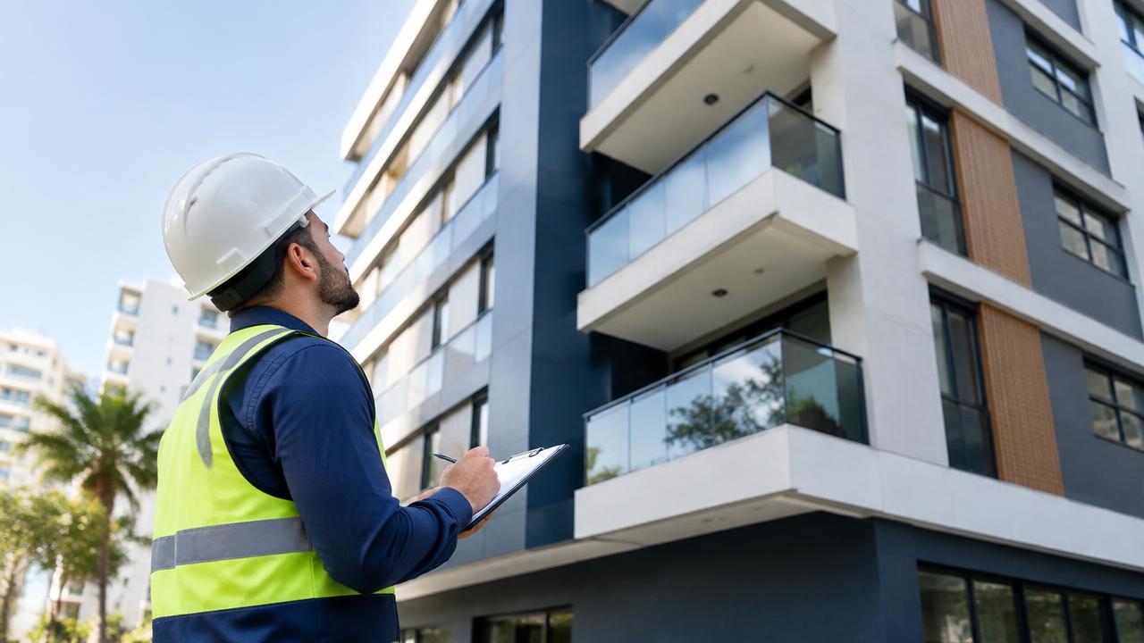 Engenheiro realizando autovistoria em edifício residencial moderno